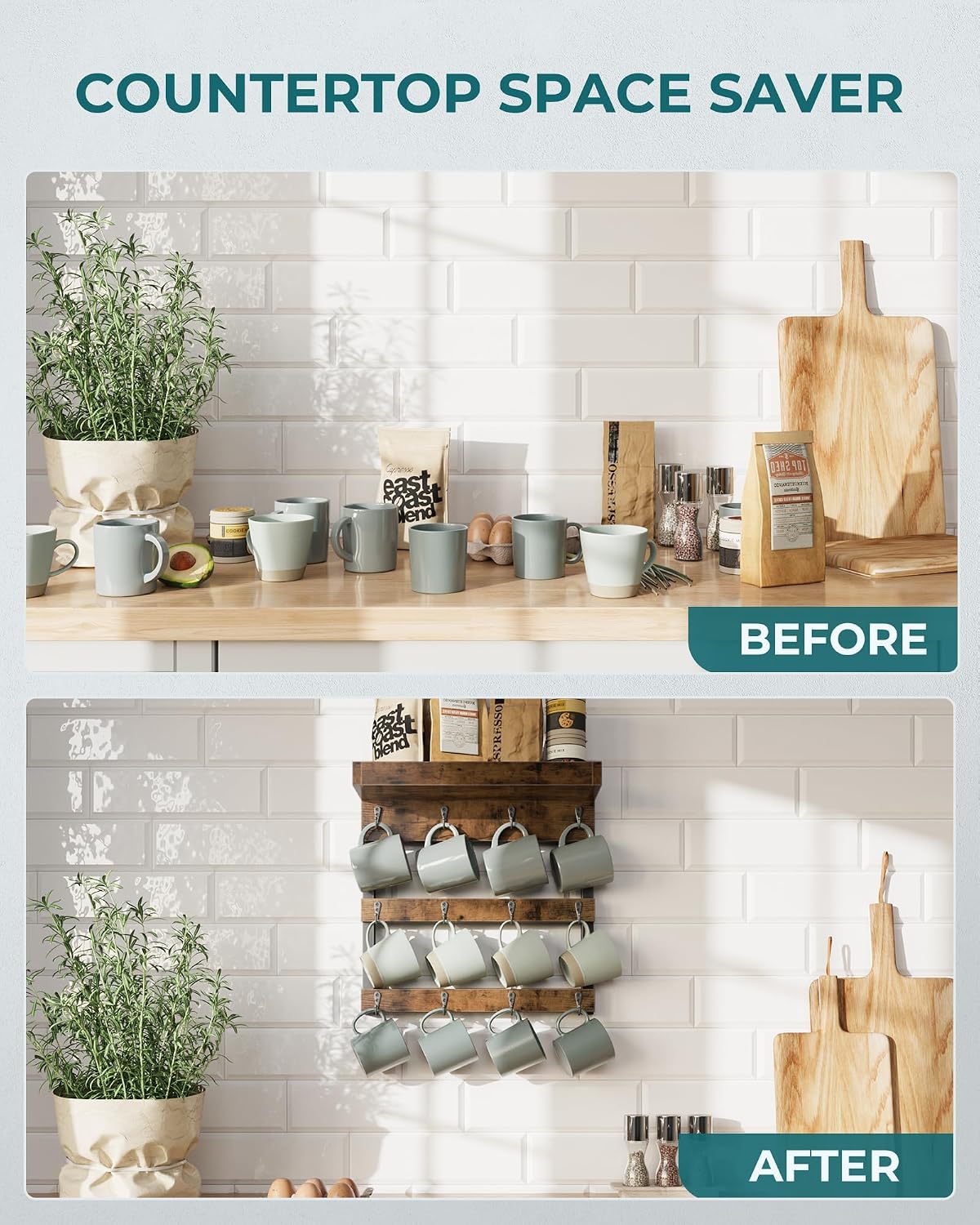 OROPY Coffee Mug Rack Wall Mounted, Rustic Wood Cups Rack, 12 Hooks & Shelf | Coffee Mug Holder for Home Kitchen