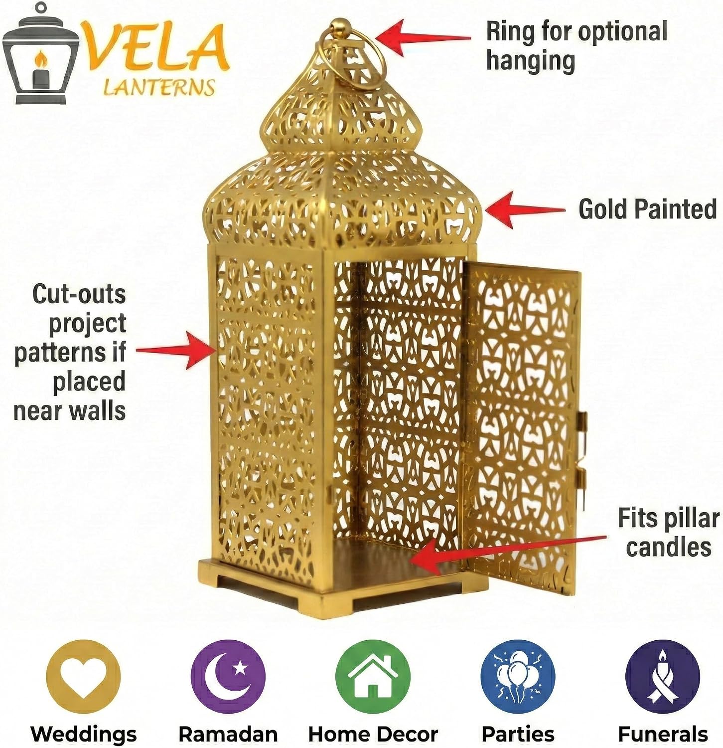 Vela Lanterns Decorative Indoor Tall Moroccan Floor Candle Holder, Gold, XL | Ramadan Decorations for Home, Extra Large