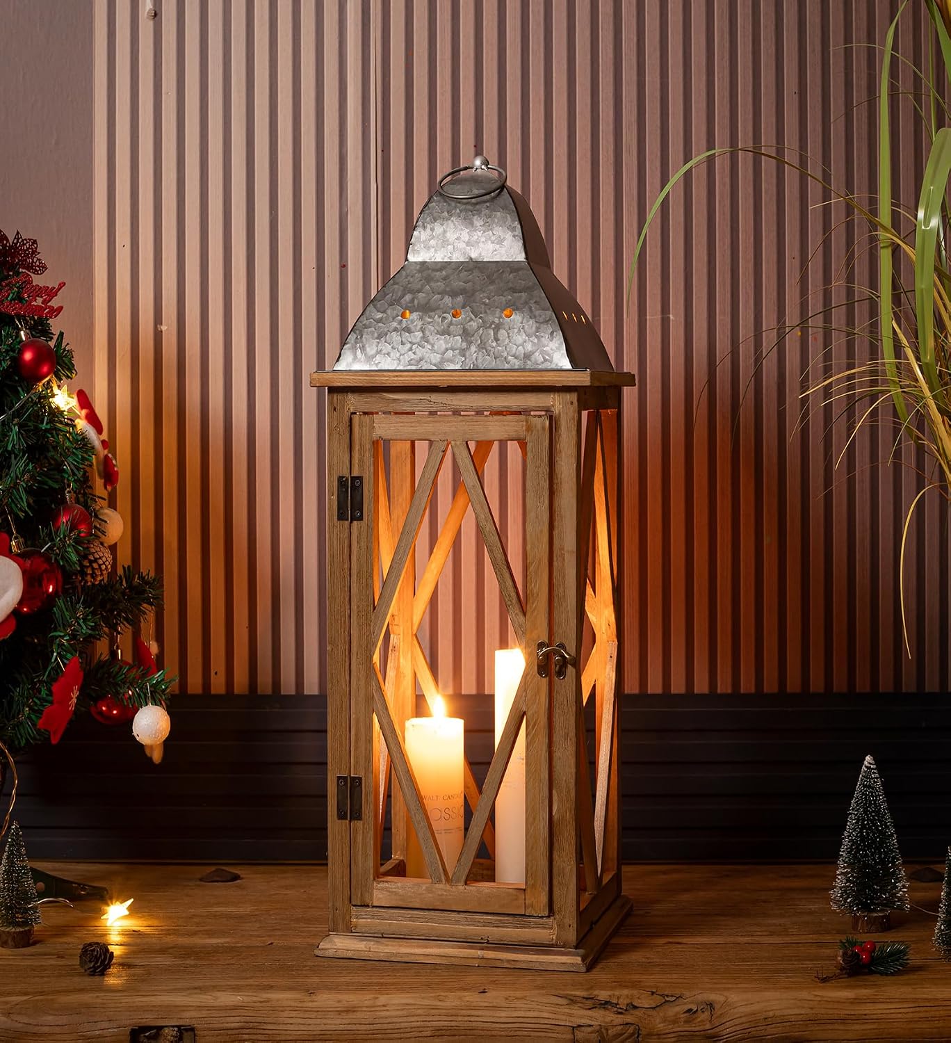 Large Farmhouse Wooden Metal Lantern Set of 2, Rustic Decorative Floor Candle Lanterns, Indoor/Outdoor Hanging Lanterns