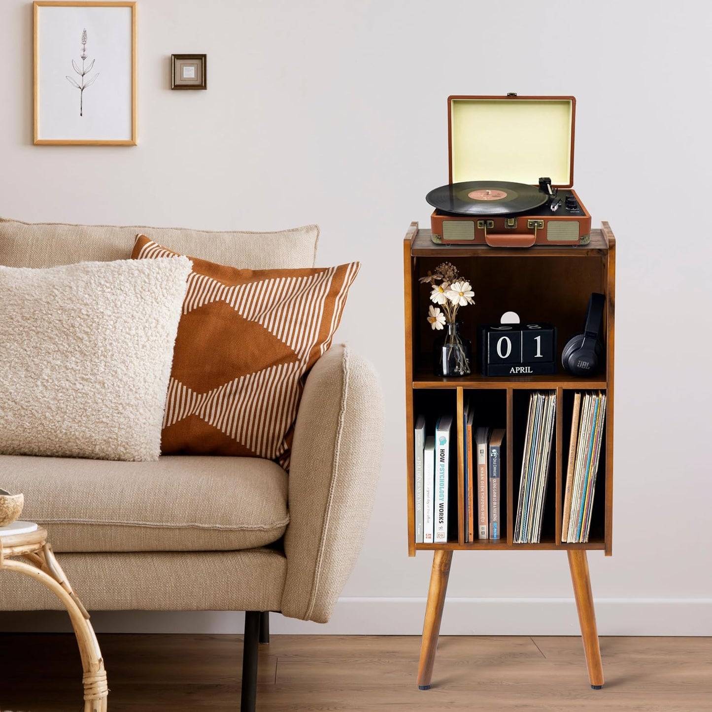 Wooden LP Record Player Stand, 3-Tier Turntable Stand Cabinet Holds up to 100 Albums, Metal Record Storage Holder and