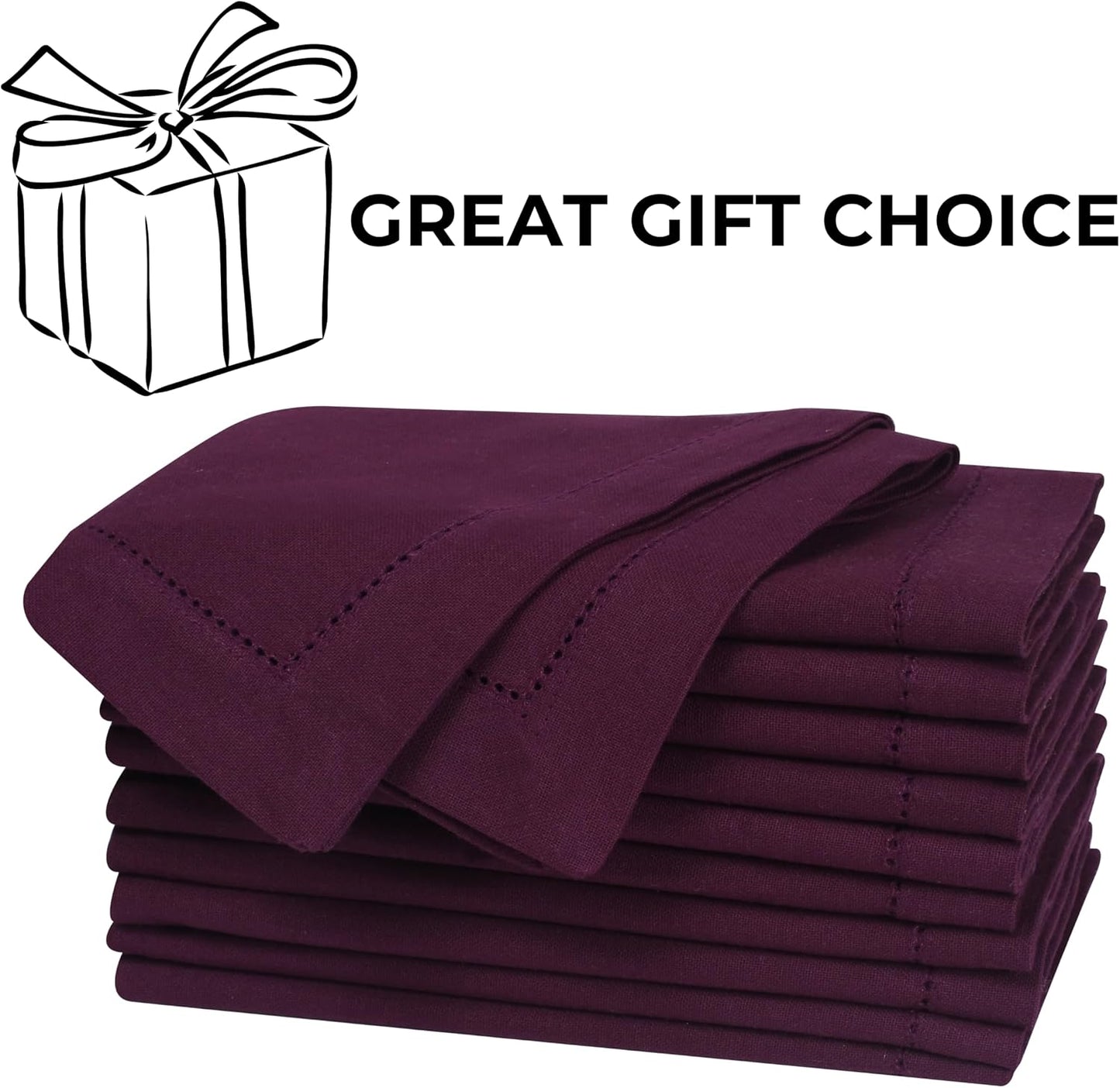 Bedding Craft Cotton Dinner Napkins Set of 12, 18x18, hemstitched, Plum | Machine Washable Soft Fabric Napkins for