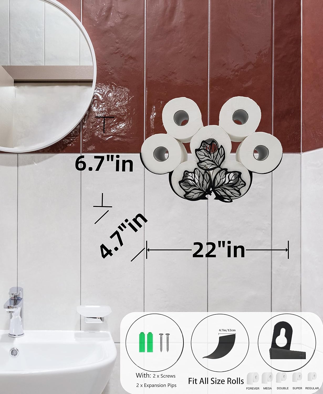 Leaves Metal Wall Toilet Tissue Holder, Black Toilet Paper Storage, Cute Wall Organizer for Bathrooms, Holds Extra 8