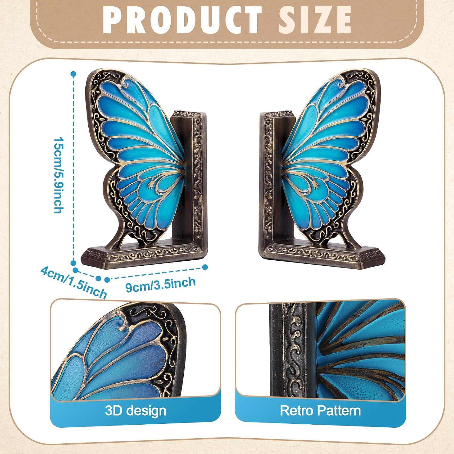 Vintage Bookends Resin Book Ends / Blue Butterfly / Set of 2