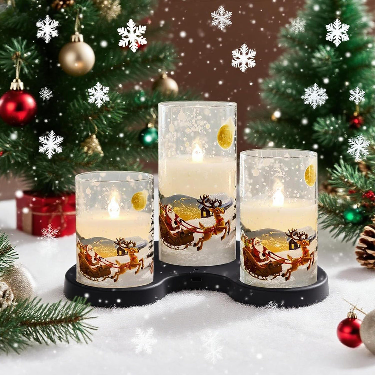 Santa Claus Glass Flameless Candles Rechargeable Battery Operated | Remote and Timer LED Pillar Candles Flickering