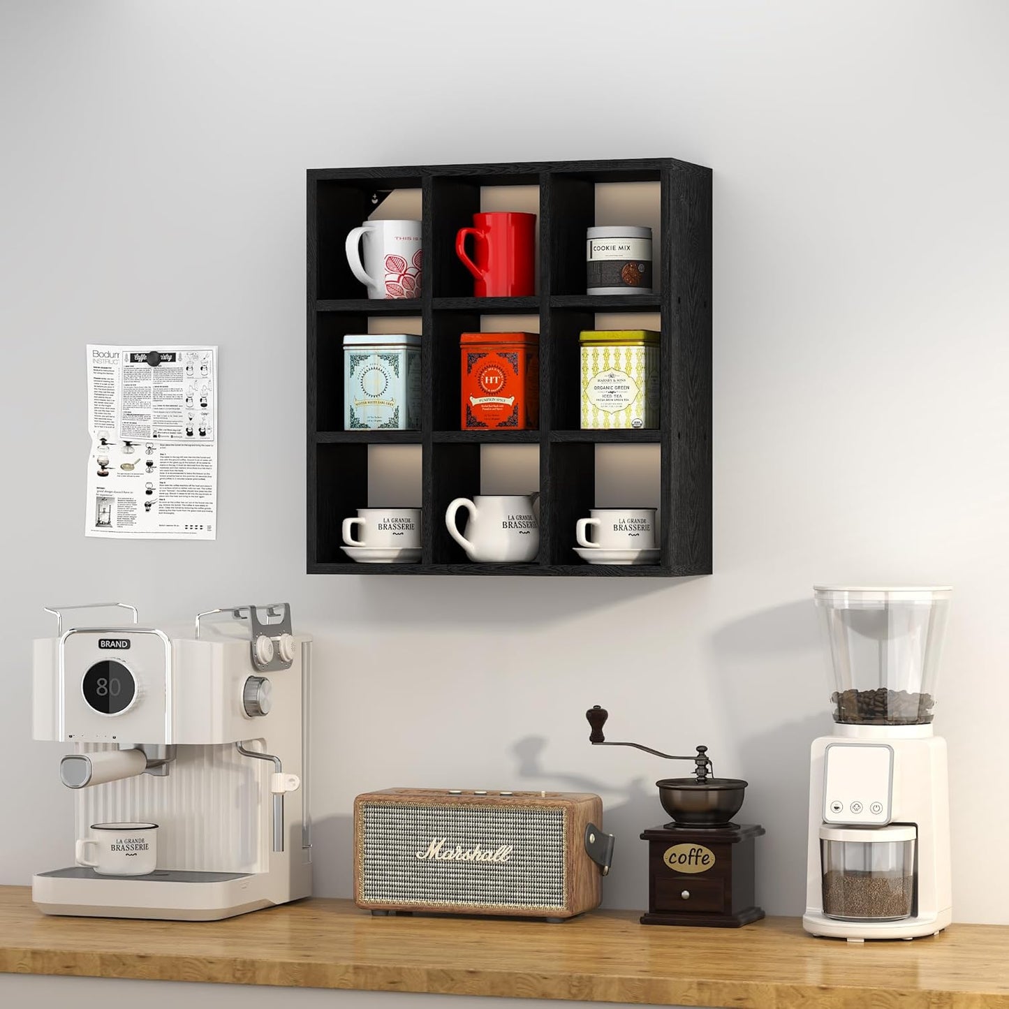 Helsin 9 Grid Vintage Coffee Mug Display Rack, 16inch Wall Mounted Wooden Curio Shadow Box Shelf, Cup Floating Shelves