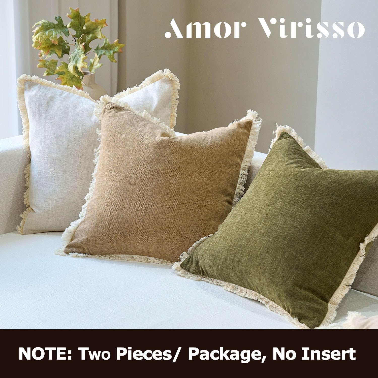 Fringe Throw Pillow Covers Boho Neutral Farmhouse Decorative / Olive Green / 18 x 18 / Set of 2