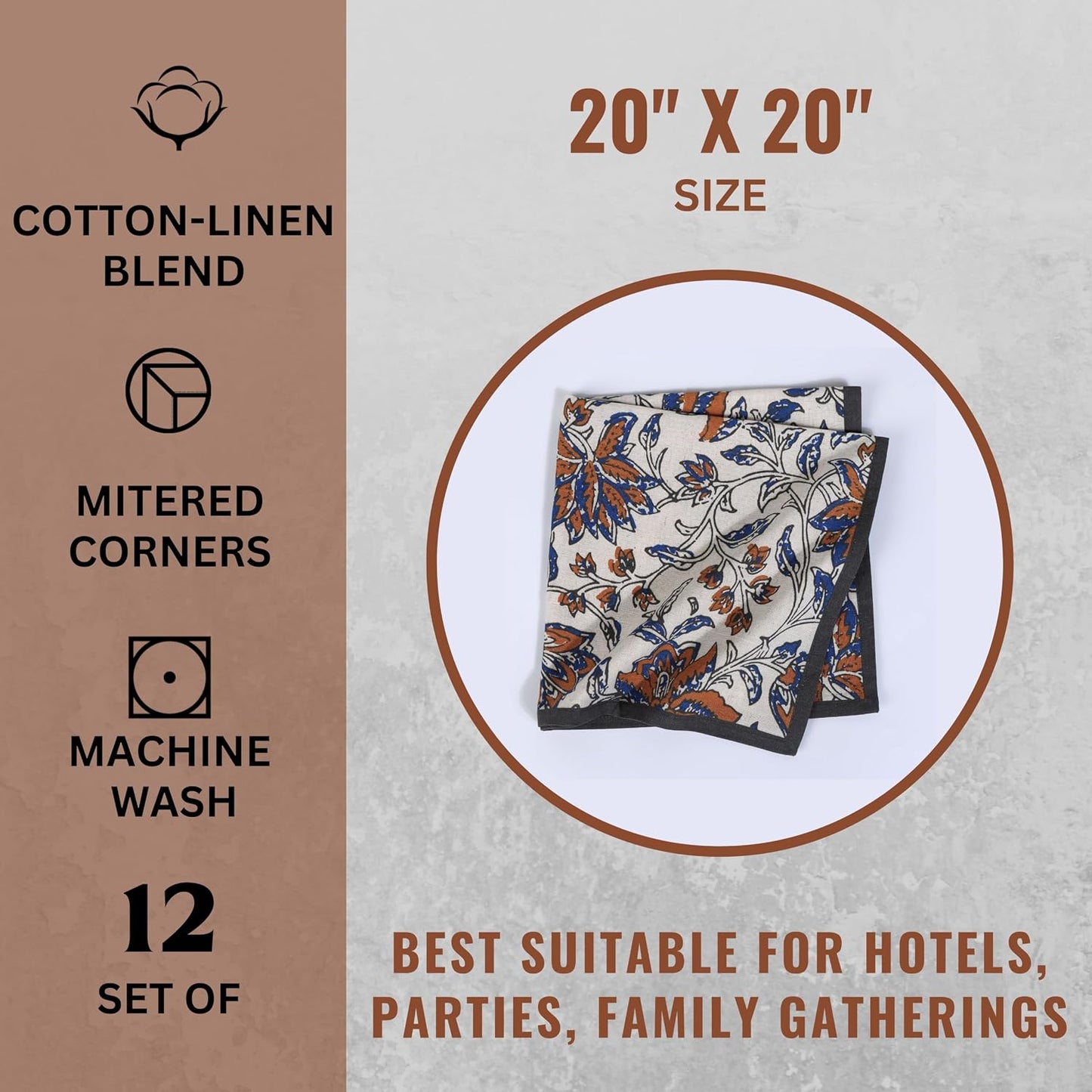 FINGERCRAFT Cloth Napkins Set of 12 Cotton Linen, 20x20 Inch, Summer Block | Mitered corner, washable, soft, absorbent