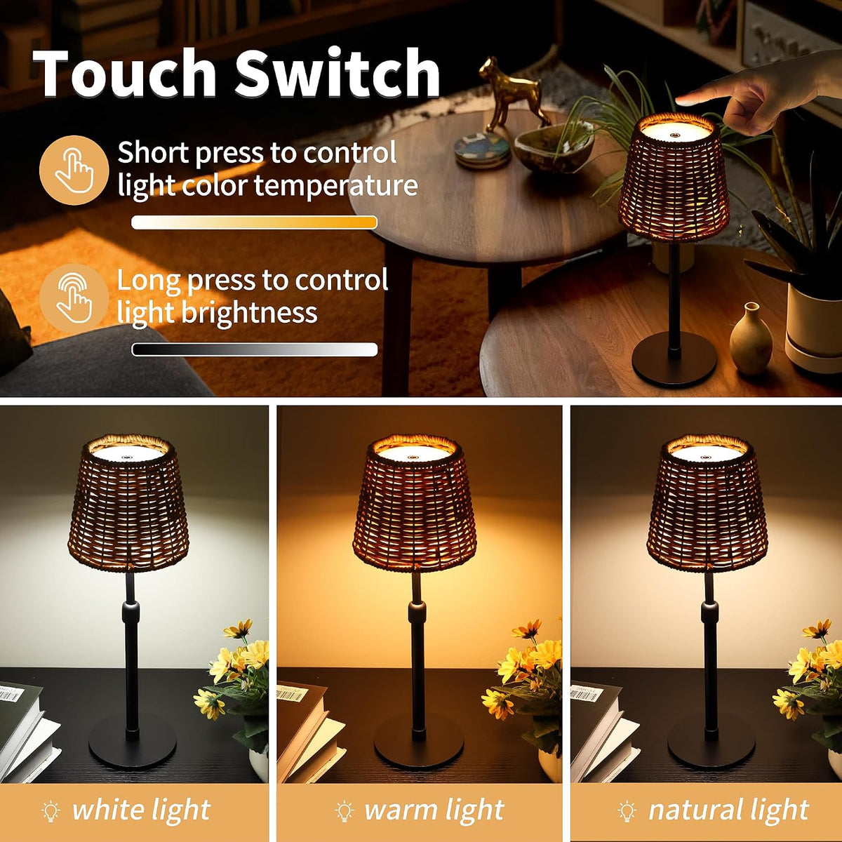 Mr.White Outdoor Waterproof Rechargeable Cordless Table Lamp with Telescopic Pole & Wicker Shade, 5200mAh Battery