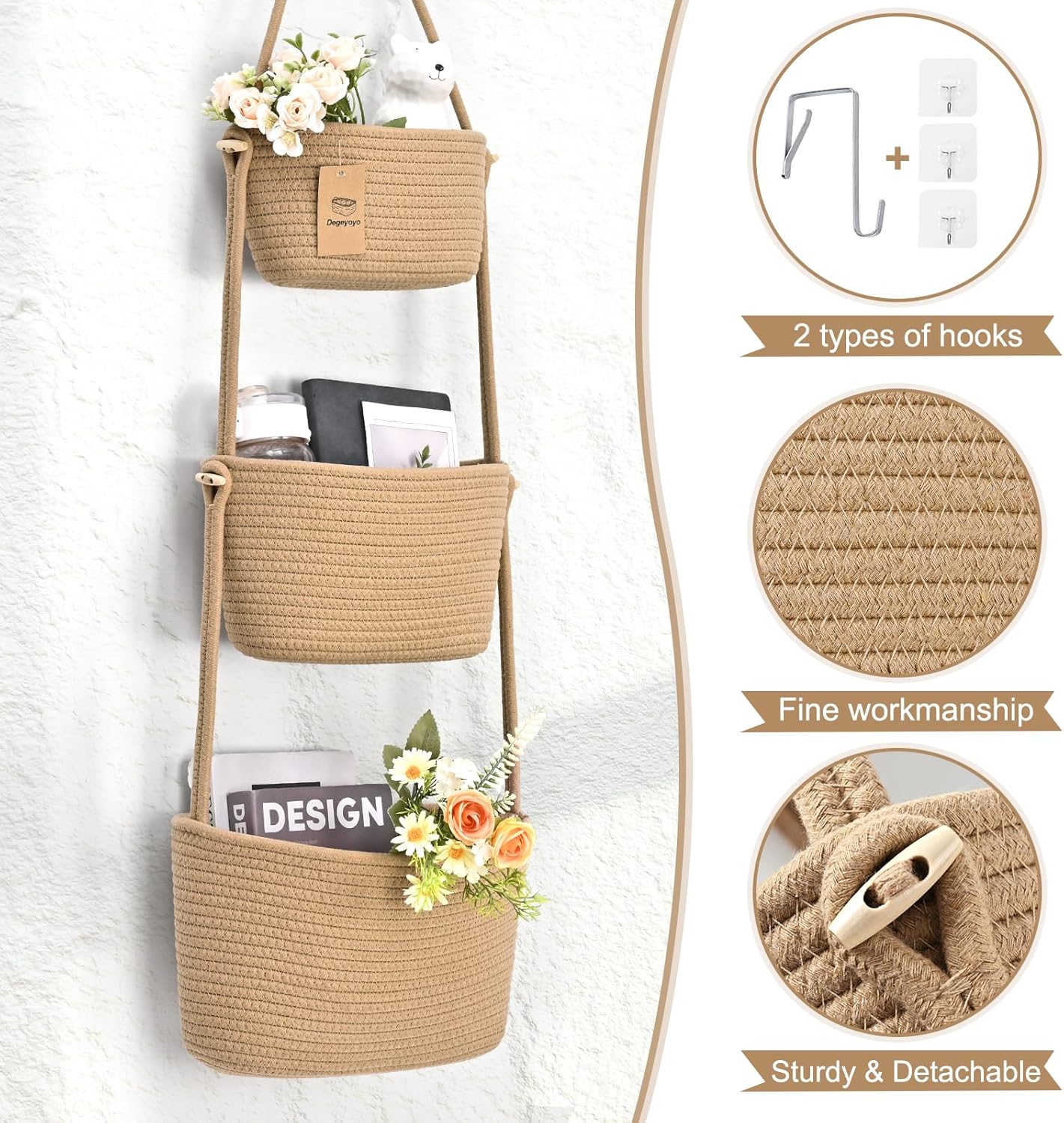 3-Tier Woven Wall Basket / Classic / Jute