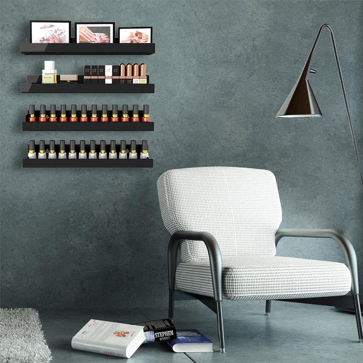 8 Pack 15 Inch Black Acrylic Floating Wall Shelves, Kids Bookshelf | Modern Display Shelf for Nail Polish, Sunglasses