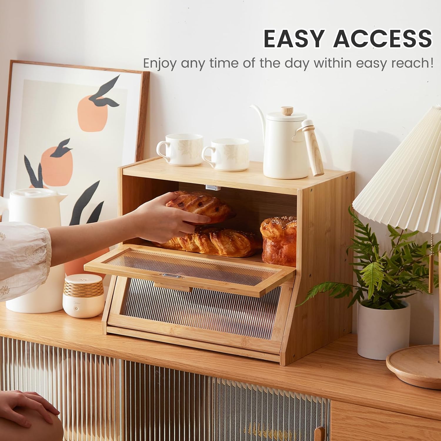 GHWIE Double Layer Bamboo Bread Box for Kitchen Counter,Large Capacity Bread Storage Bin,Bread Container with Acrylic