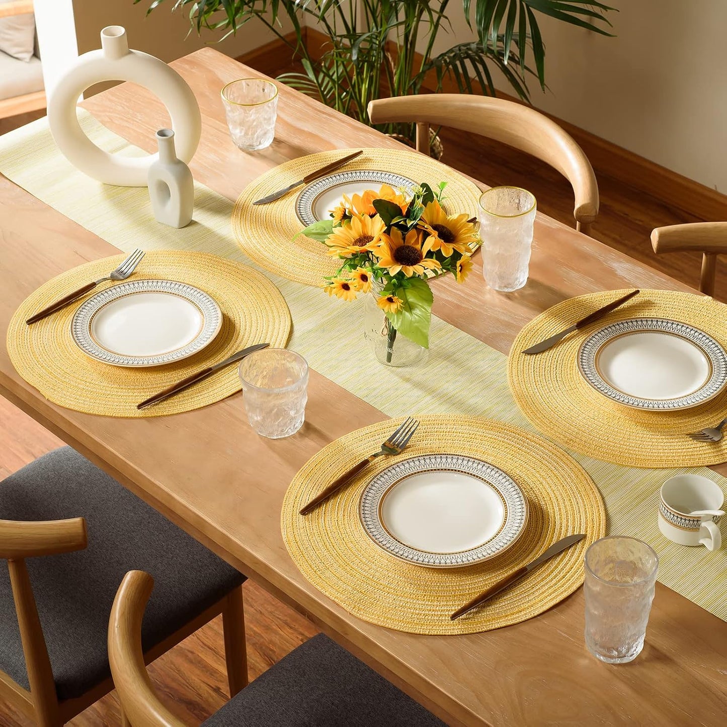 FunWheat Round Braided Placemats Set of 8 Place mats for Dining Tables Woven Heat Resistant Table Mats 15 inch(E