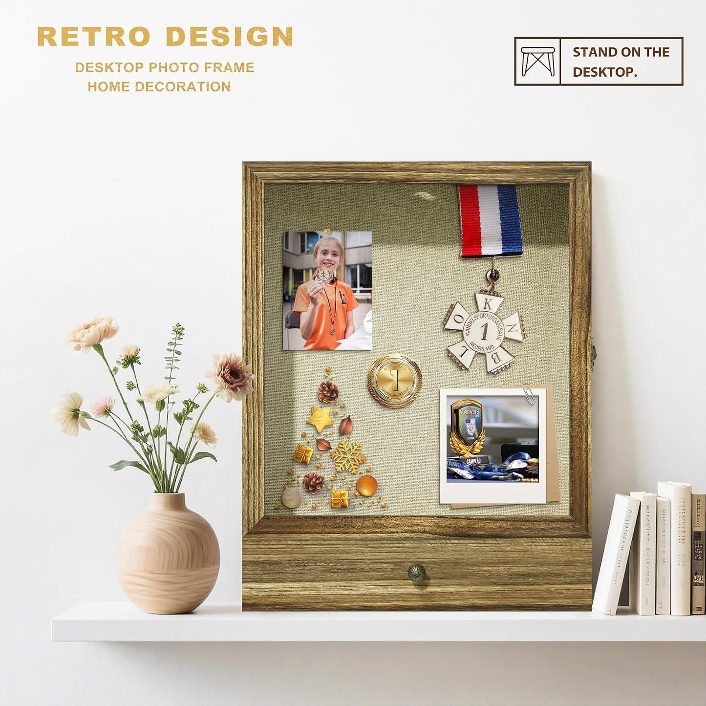 16x20 Brown Solid Wood Shadow Box Display Case, 3.1" Deep | Linen Back, Removable Shelves & Drawers, Display Flowers