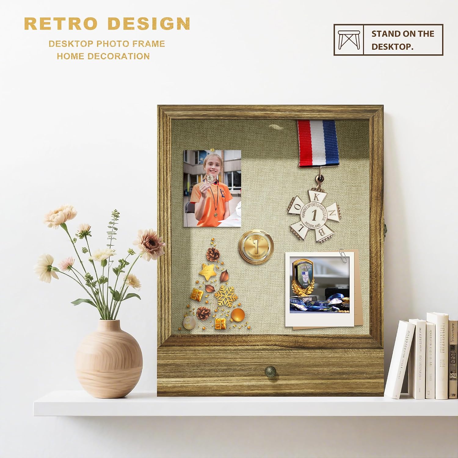 16x20 Brown Solid Wood Shadow Box Display Case, 3.1" Deep | Linen Back, Removable Shelves & Drawers, Display Flowers