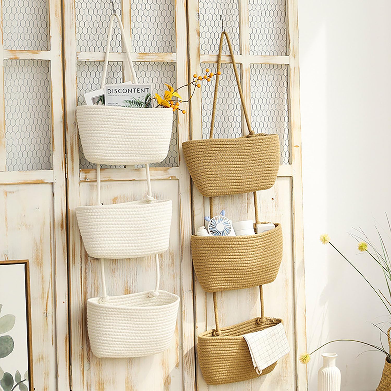 Woven Cotton Hanging Baskets for Organizing Decor 3-Tier Over the Door Wall-Mounted Storage / White