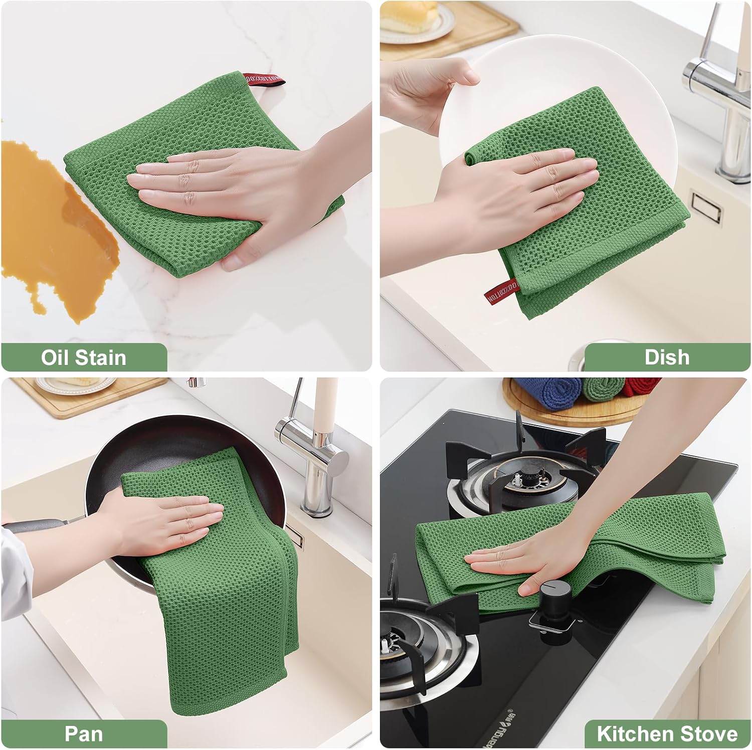 Homaxy 12 Pack 100% Cotton Kitchen Towels and Dishcloths Set, Grass Green | 12 x 12 Inches and 13 x 28 Inches Kitchen