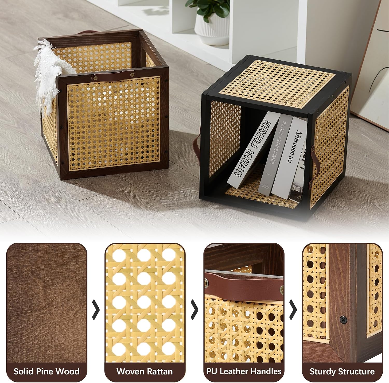Rattan Storage Cubes Wooden Storage Baskets Boxes Decorative Handmade / Walnut / Natural / Set of 2
