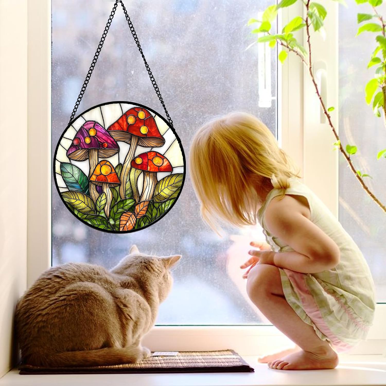 Stained Glass Window Hanging / Red and White / 11.8 x 11.8