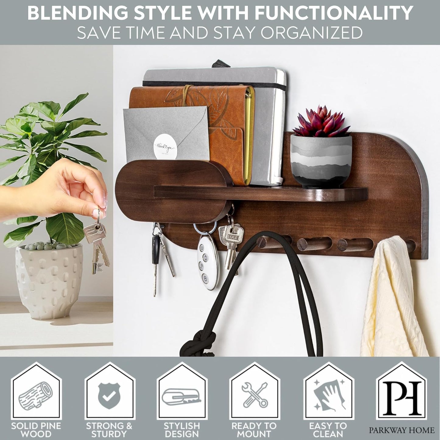 Solid Wood Mail and Key Holder / Brown