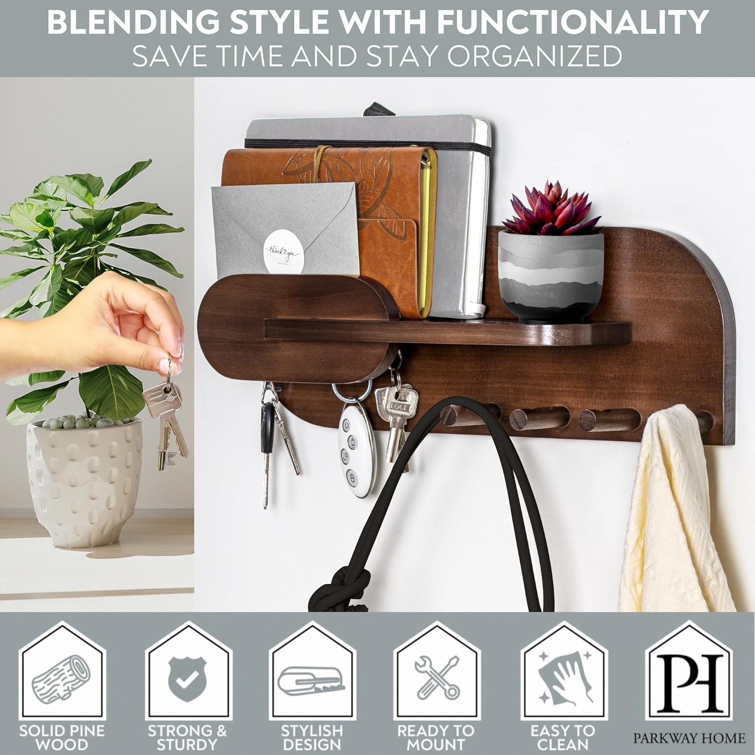 Solid Wood Mail and Key Holder / Brown