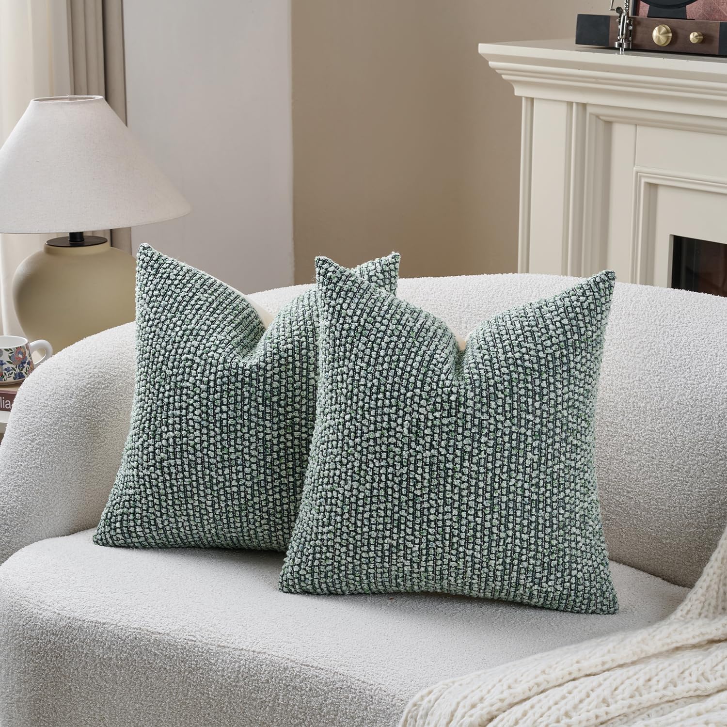 Striped Throw Pillow Covers Textured Boucle Chic Morden Boho Accent / Green / 18 x 18 / Set of 2