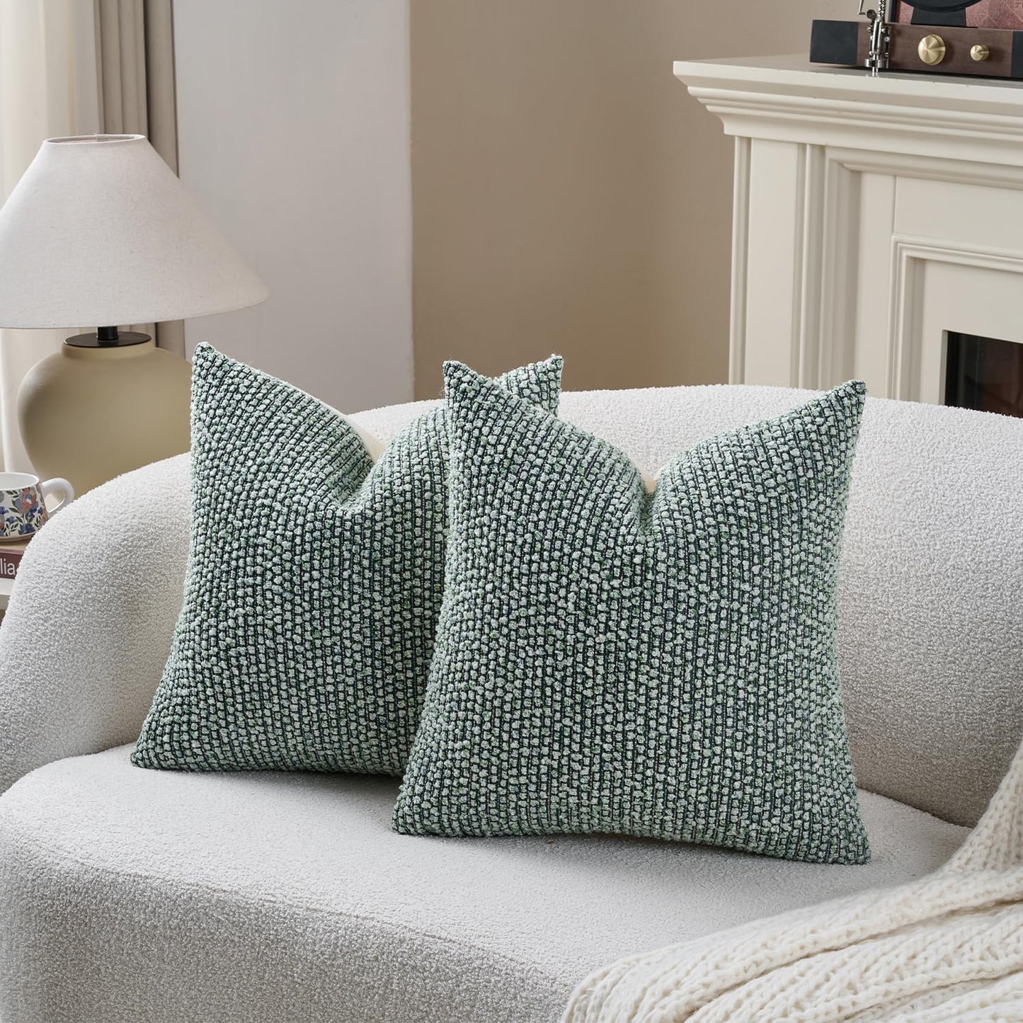 Striped Throw Pillow Covers Textured Boucle Chic Morden Boho Accent / Green / 16 x 16 / Set of 2