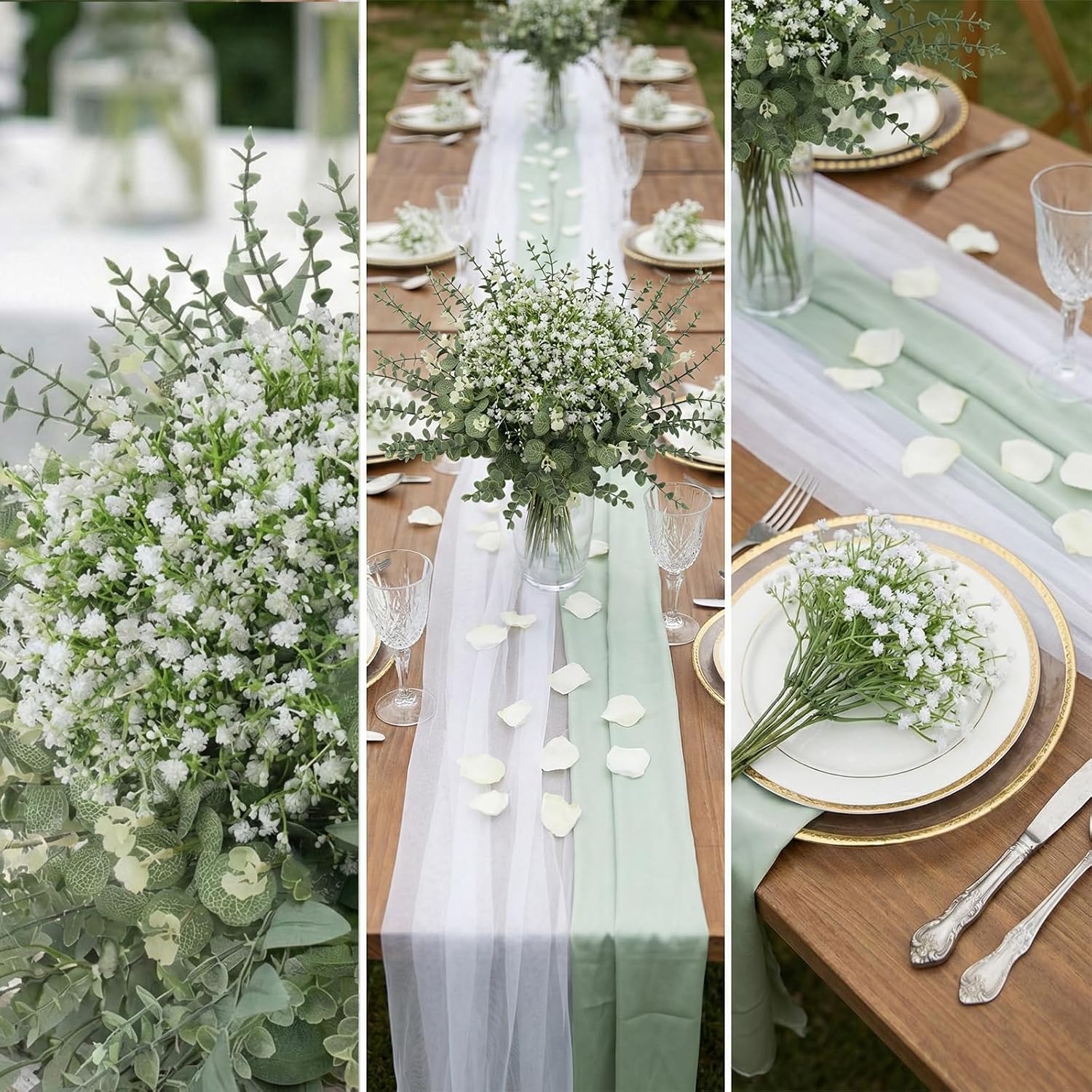 Baby Breath Artificial Flowers Bulk and Eucalyptus Leaves / Green and White / Set of 100
