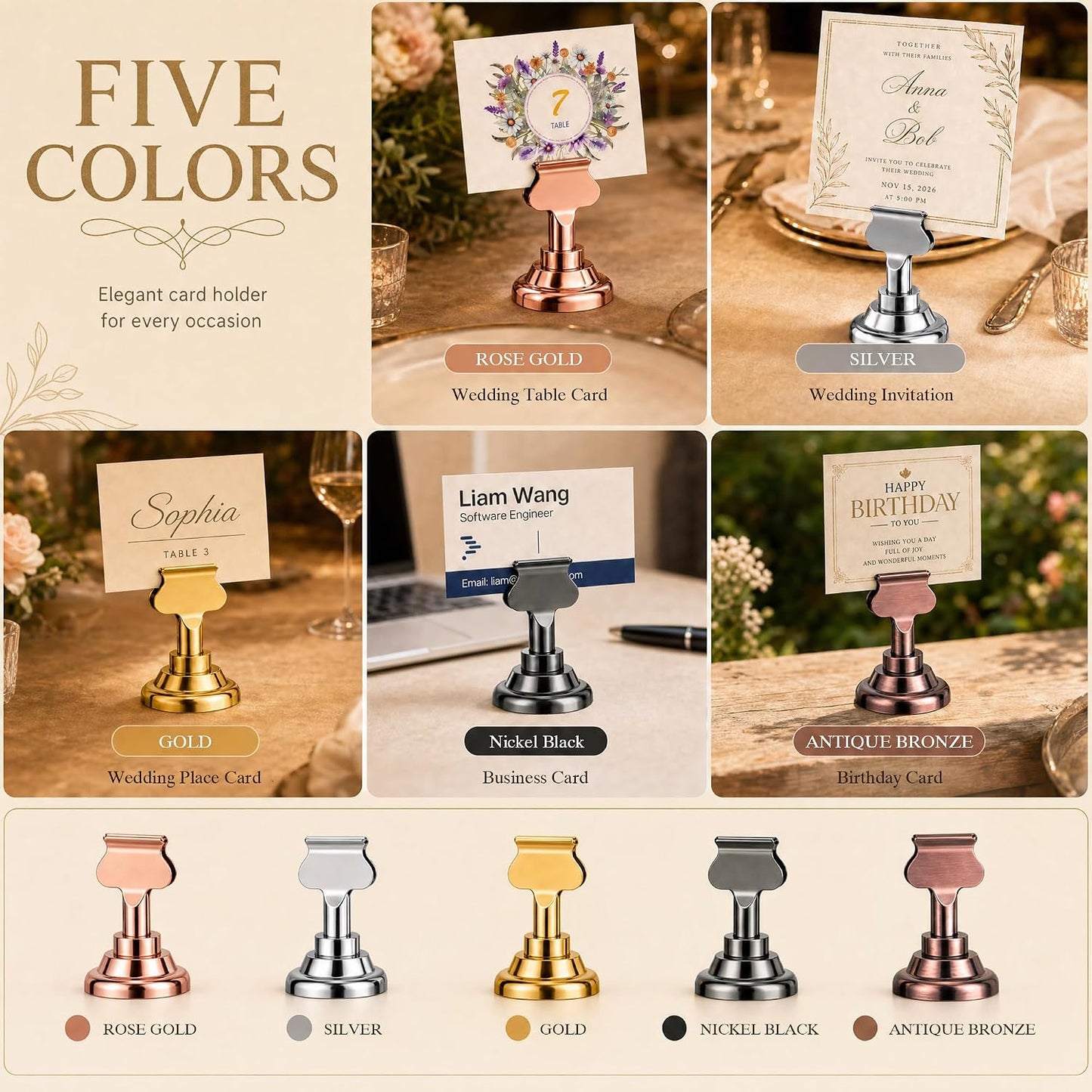 ERYTLLY 16 PK Place Card Holders 1.7 inches Table Card Holder Steel Card Holders for Weddings,Birthdays,Photos, Memo