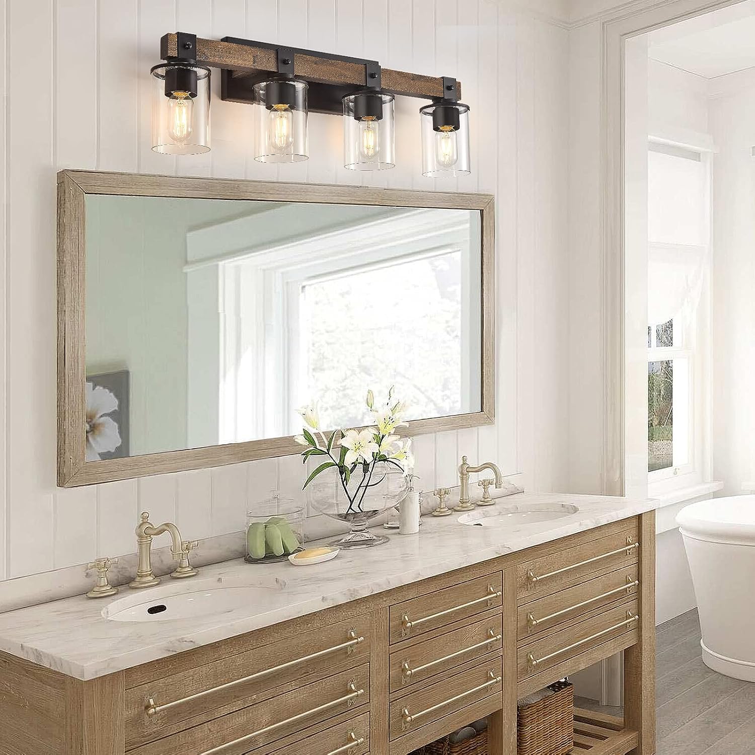 DUJAHMLAND Farmhouse Vanity Light Fixture, Industrial 4-Light Wood Wall Sconce Bathroom Vanity Lighting with Clear