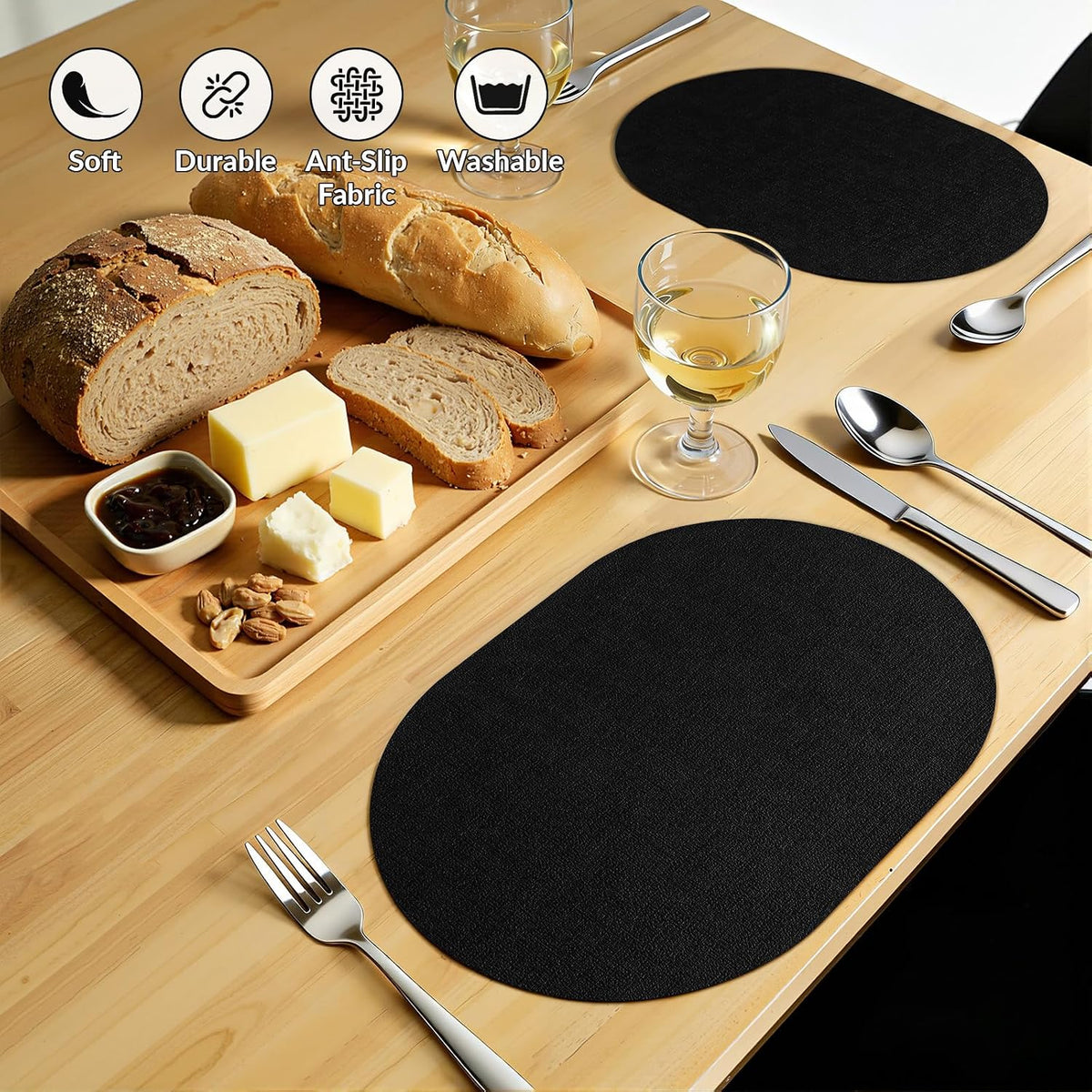 Placemats Set of 8, 11.8 x 17 Inch, Black | Heat Resistant Oval Faux Leather Place Mats, Waterproof Wipeable Reversible