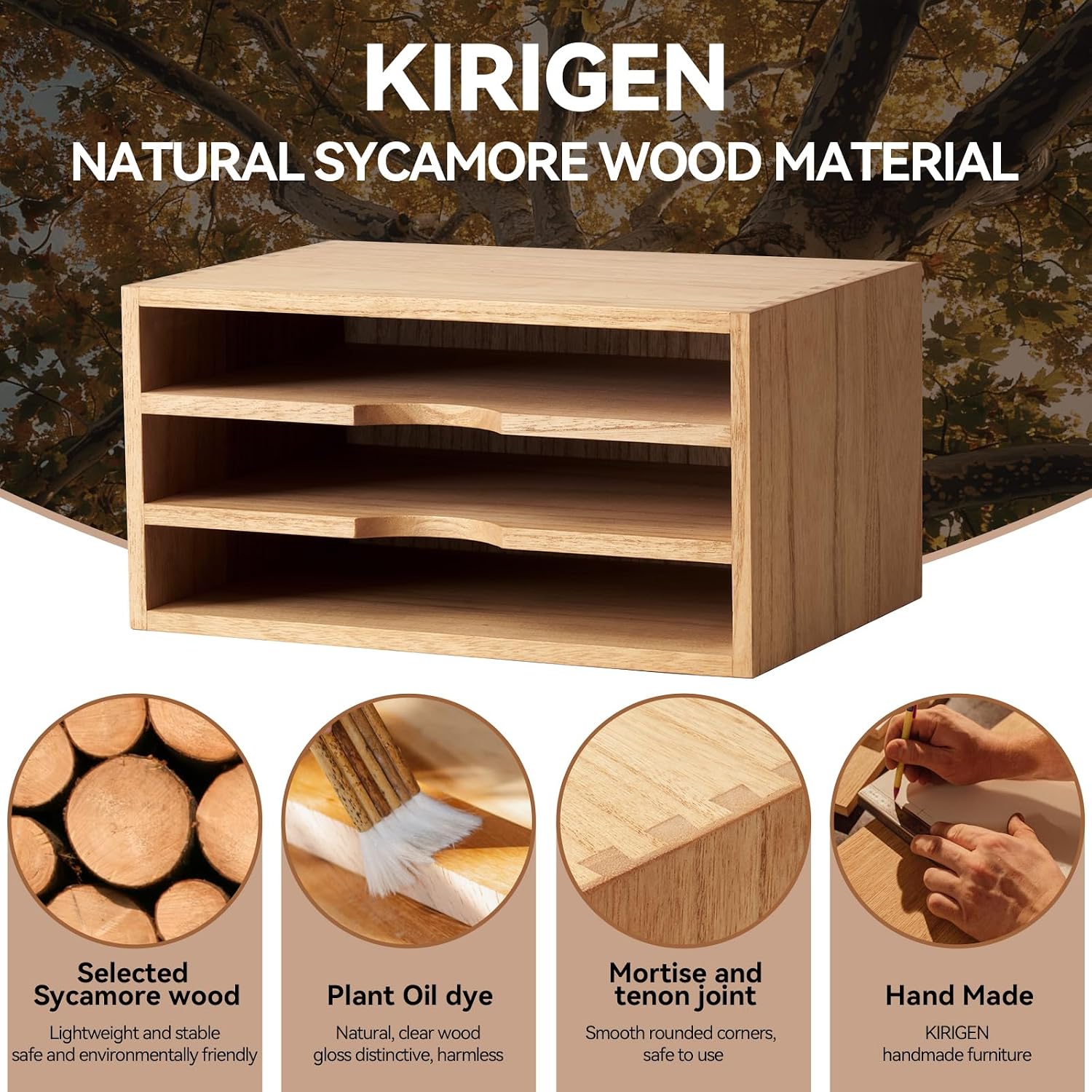 KIRIGEN Wooden Desk Organizer 3-Tier Letter Tray and Paper Sorter, Natural | Solid Wood Paper Tray Document Holder