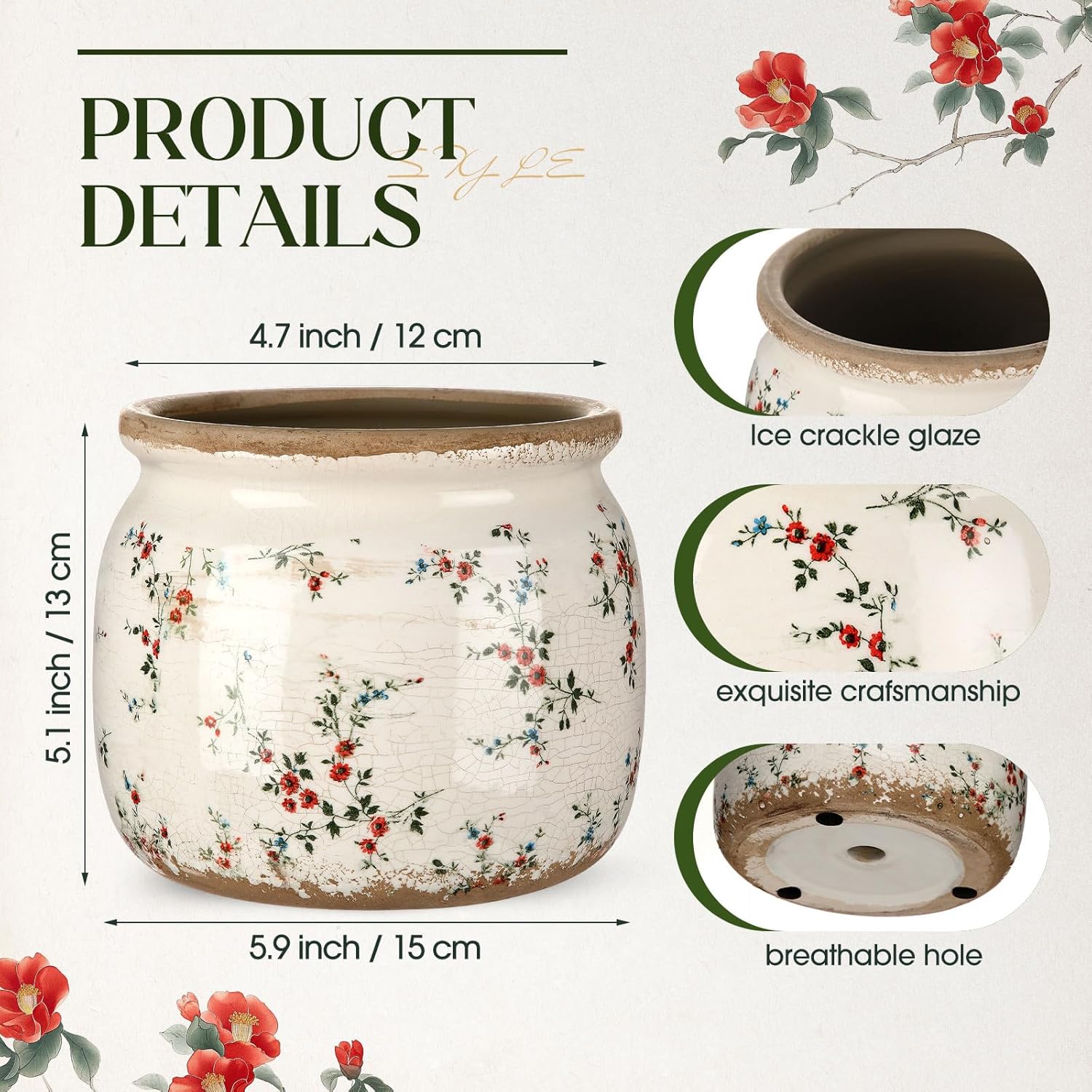Vintage Planter Large Ceramic Plants Pot Ice Crack Cottage Scroll Vase / Rustic Floral / Beige Red