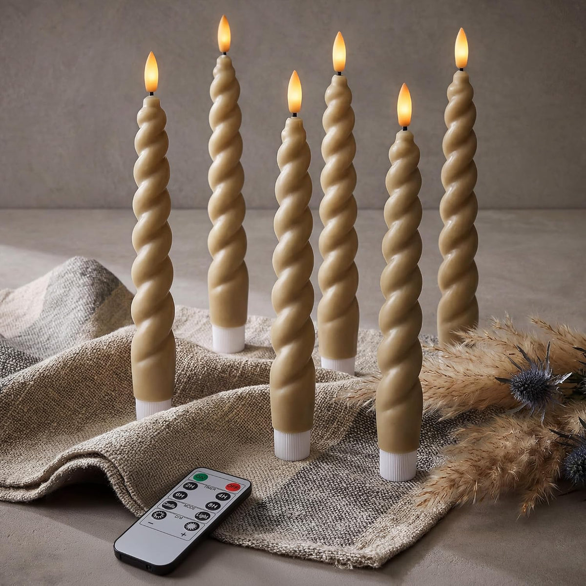 Full Twisted Spiral Flameless LED Taper Candles – Light Tan, Set of 6 – 2/4/6/8-Hr Timer (24-Hr Memory), Remote