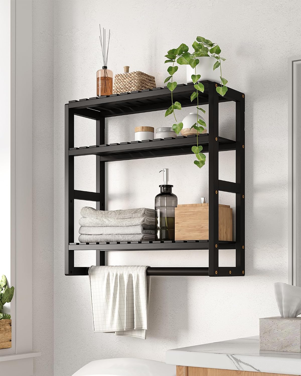 Galood Over The Toilet Storage Bathroom Shelves Wall Mounted 3 Tier Black-L | Space Saver Corner Shelf Organizer Bamboo