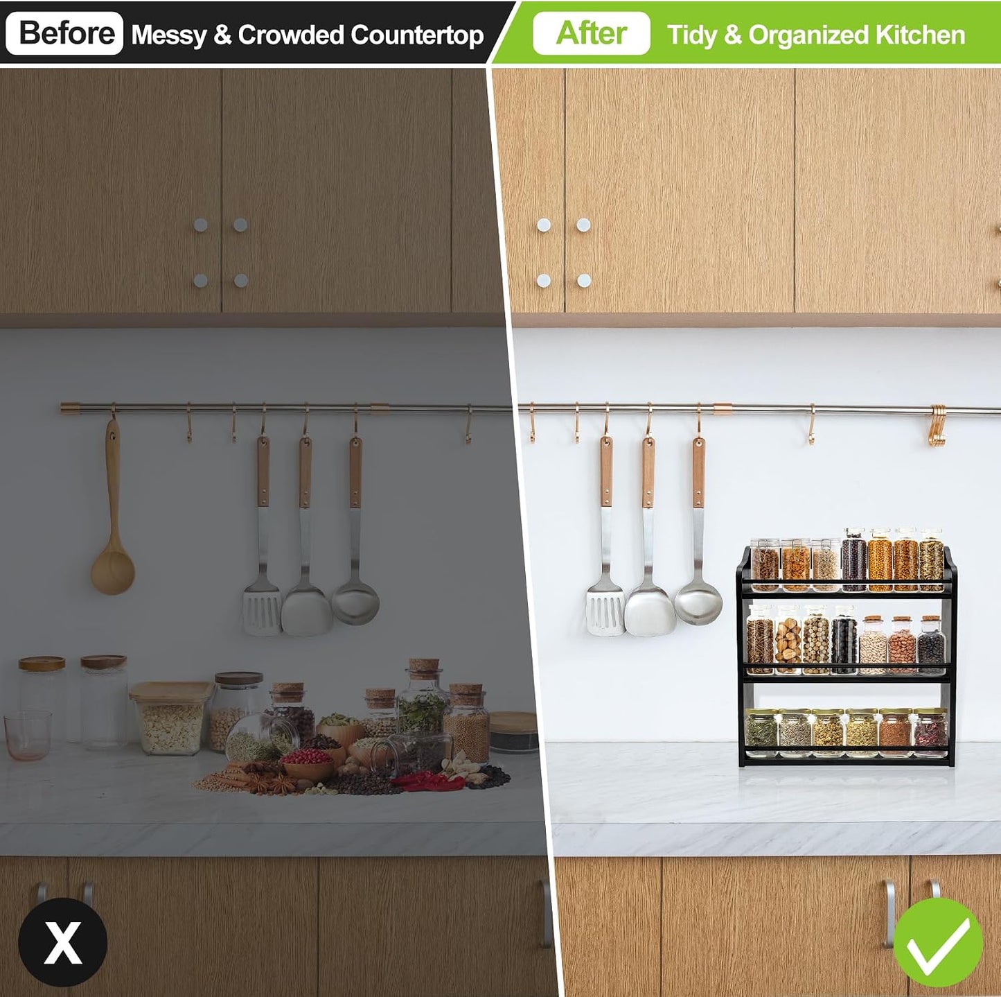 3 Tier Bamboo Spice Rack Wall Mount or Countertop,Spice Organizer | Seasoning Jars Rack Spice Shelf Organizer for
