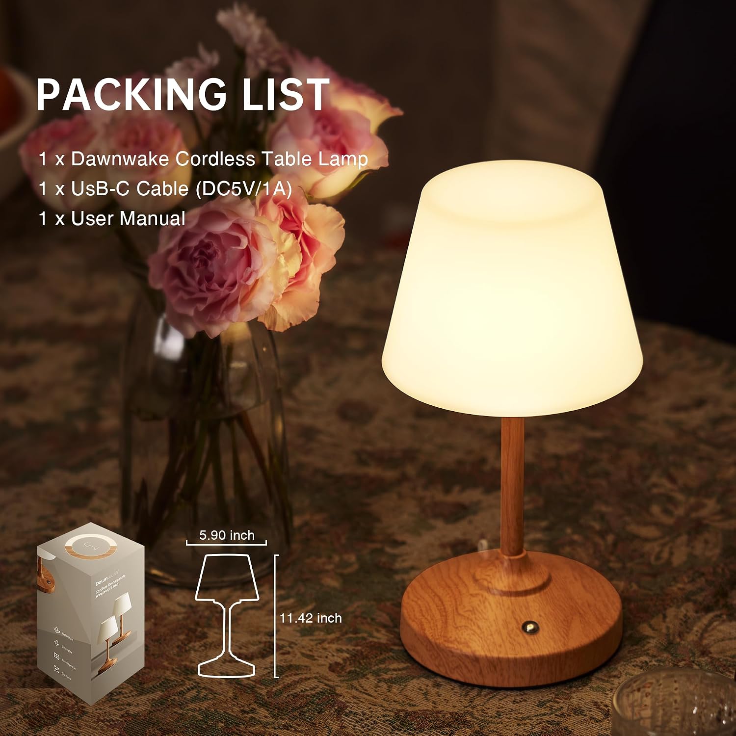 Table Lamp Cordless Lamp,Outdoor Waterproof Shower Lamp,5000mAh Rechargeble Battery Operated Lamps Dimmable Touch Desk