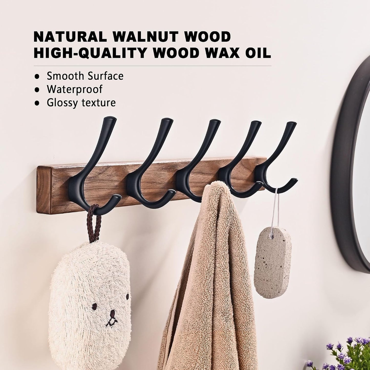 17.3" Small Walnut Wood Coat Rack Wall Mount / Black 5 Hooks Wall Coat Rack
