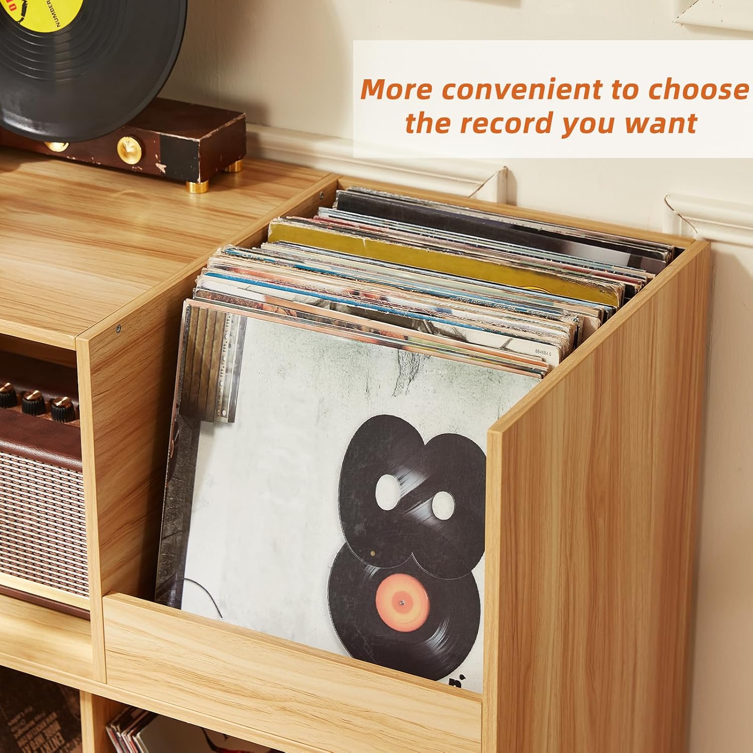 Large Record Player Stand Holds Up to 300 Albums | Natural Wood Turntable Stand, Vinyl Holder with Display Area, Record