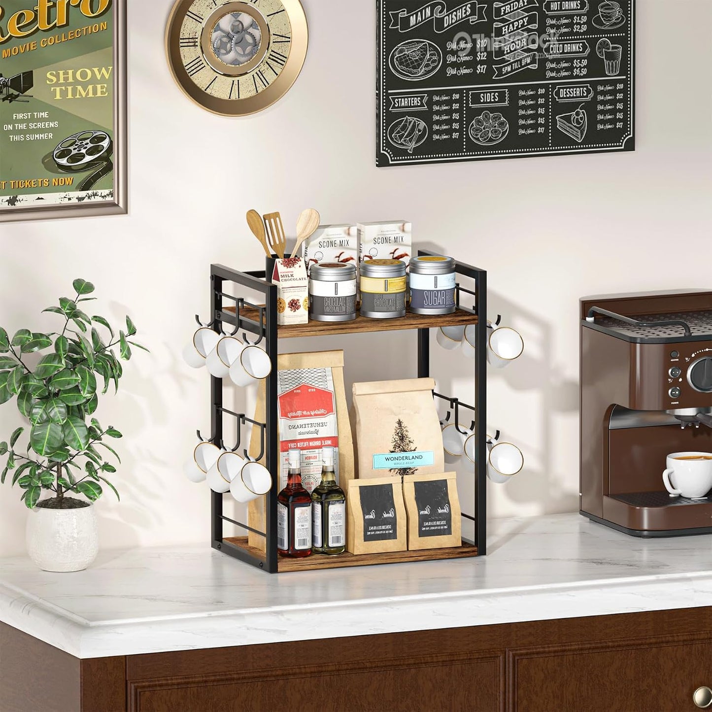 Dorhors Coffee Bar Organizer,Mug Holder,Station Organizer Kitchen Counter | 2 Tier Rustic Brown Wood Coffee Bar