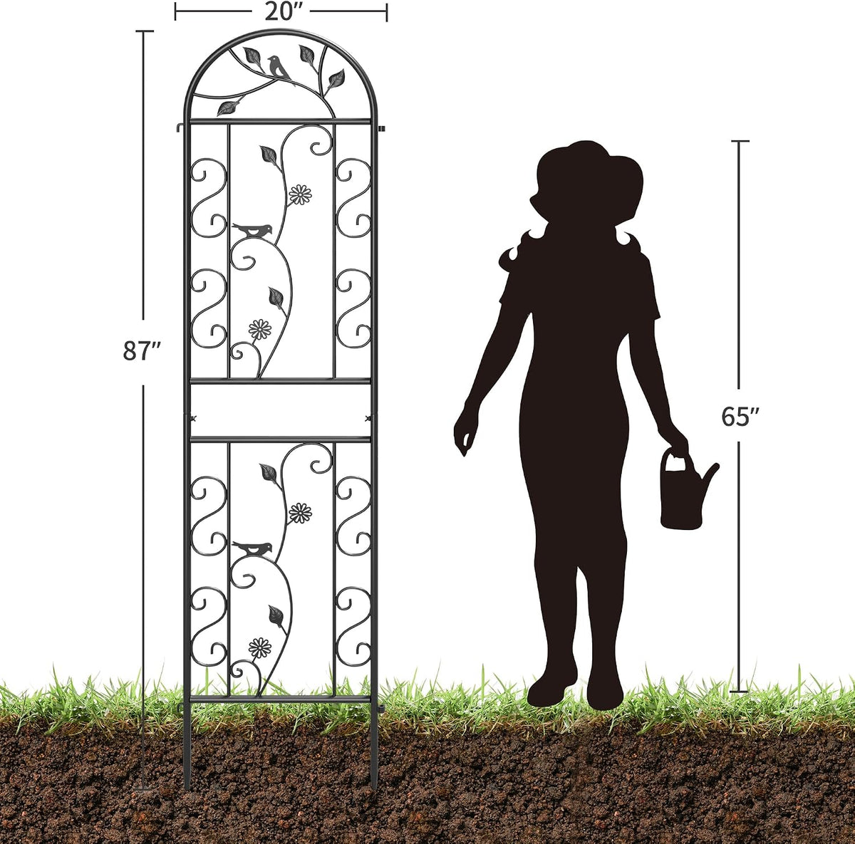 2-Pack 87" x 20" Daisy & Bird Arch Black Metal Garden Trellises | Set of 2 rust-resistant metal trellises with bird