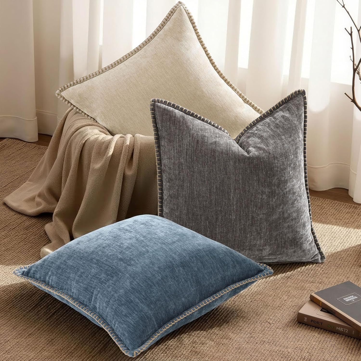 Fall Chenille Soft Throw Pillow Covers / Dark Grey / 18 x 18 / Set of 2