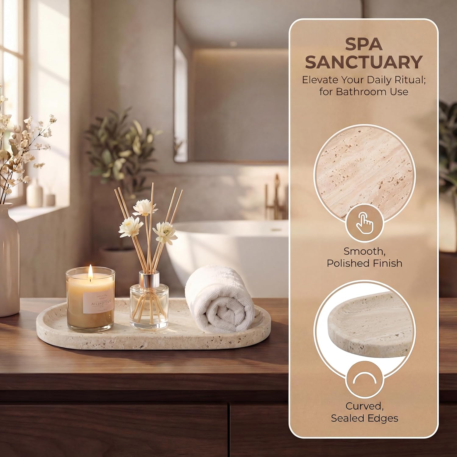 Oval Real Marble Tray / Natural Travertine Beige / 11.8 x 5.9