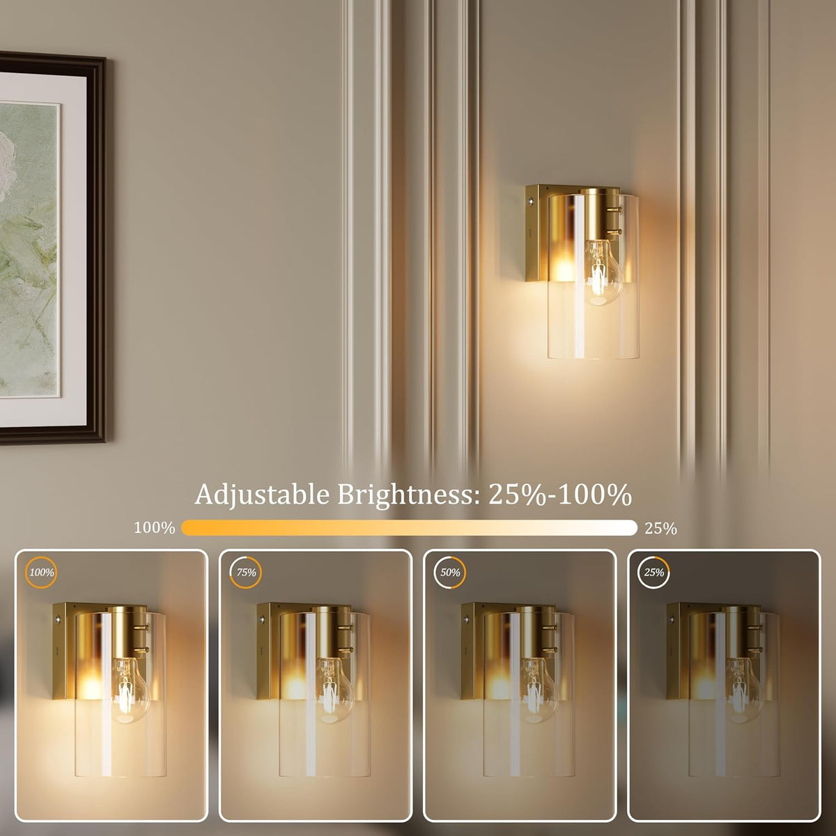 Gold Battery Operated Wireless Wall Sconces Set of Two, Warm Wall Lights | Dimmable Rechargeable Wall Sconce with