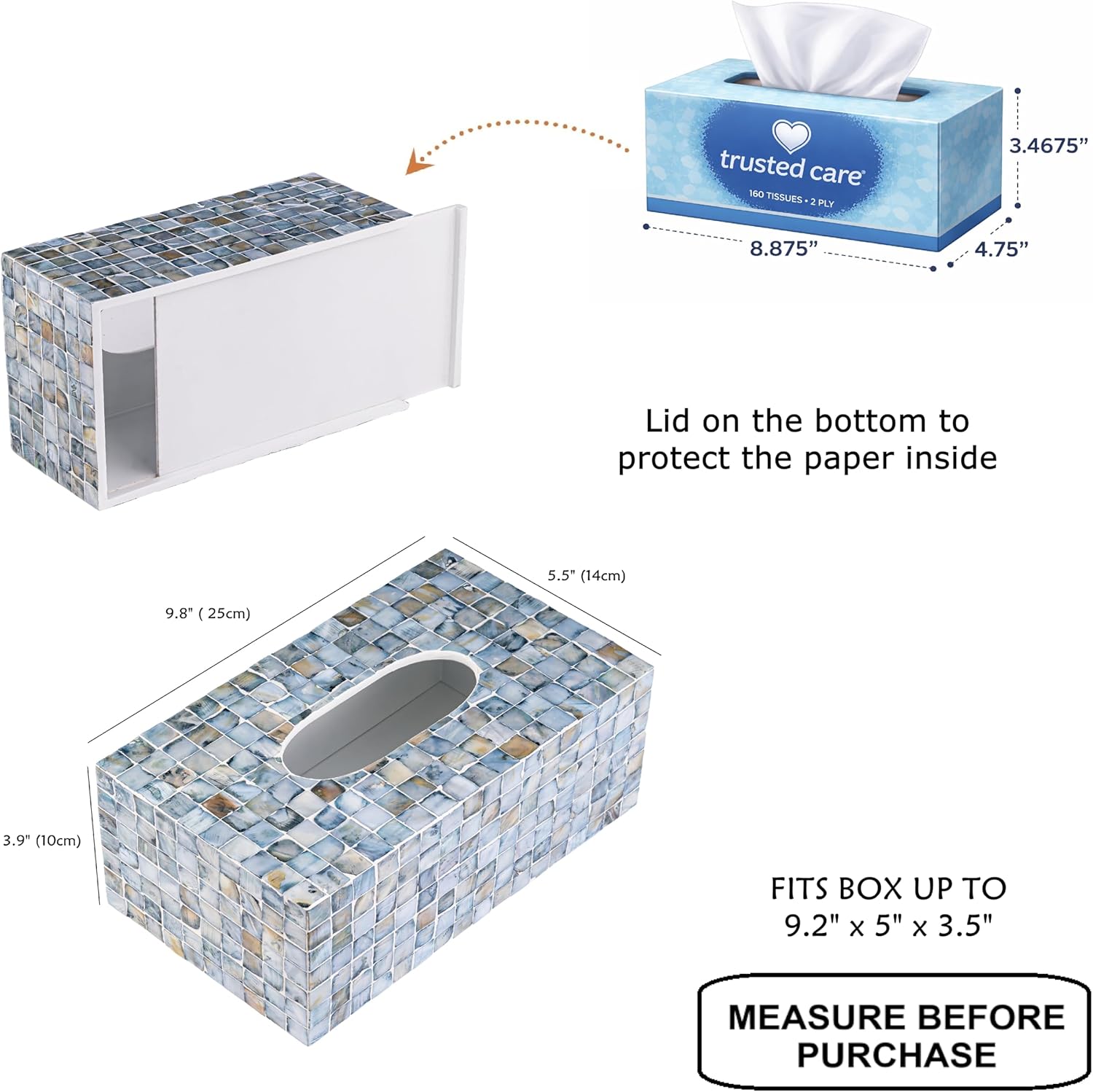 Rectangular Mother of Pearl Tissue Box Capiz Shell Handmade Rectangle Tissue Box / 10.2 x 5.9 / Blue