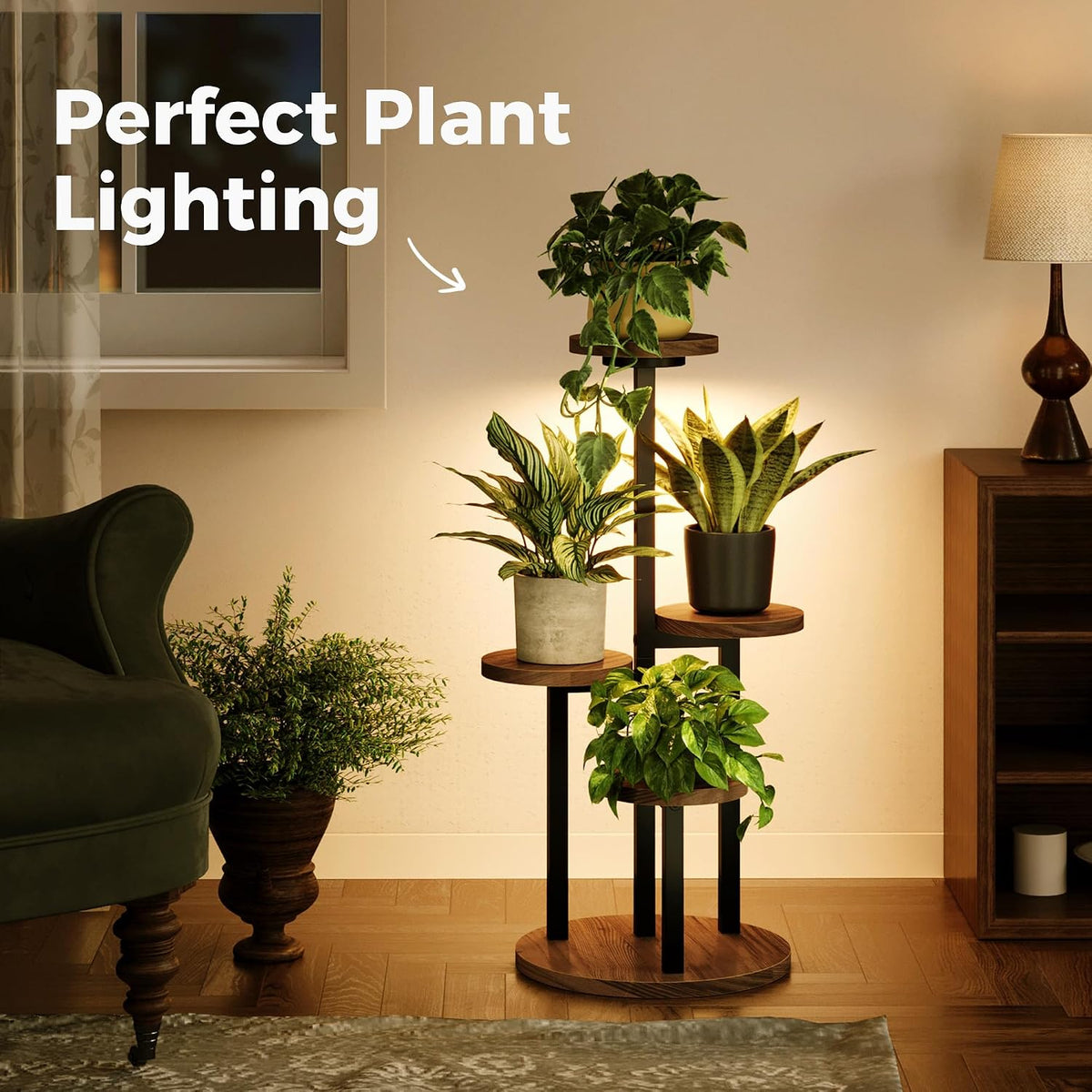 Bamworld Plant Stand with Grow Lights Corner Plant Stand 4 Tier | plant holders for Multiple Plants Tall Corner Plant