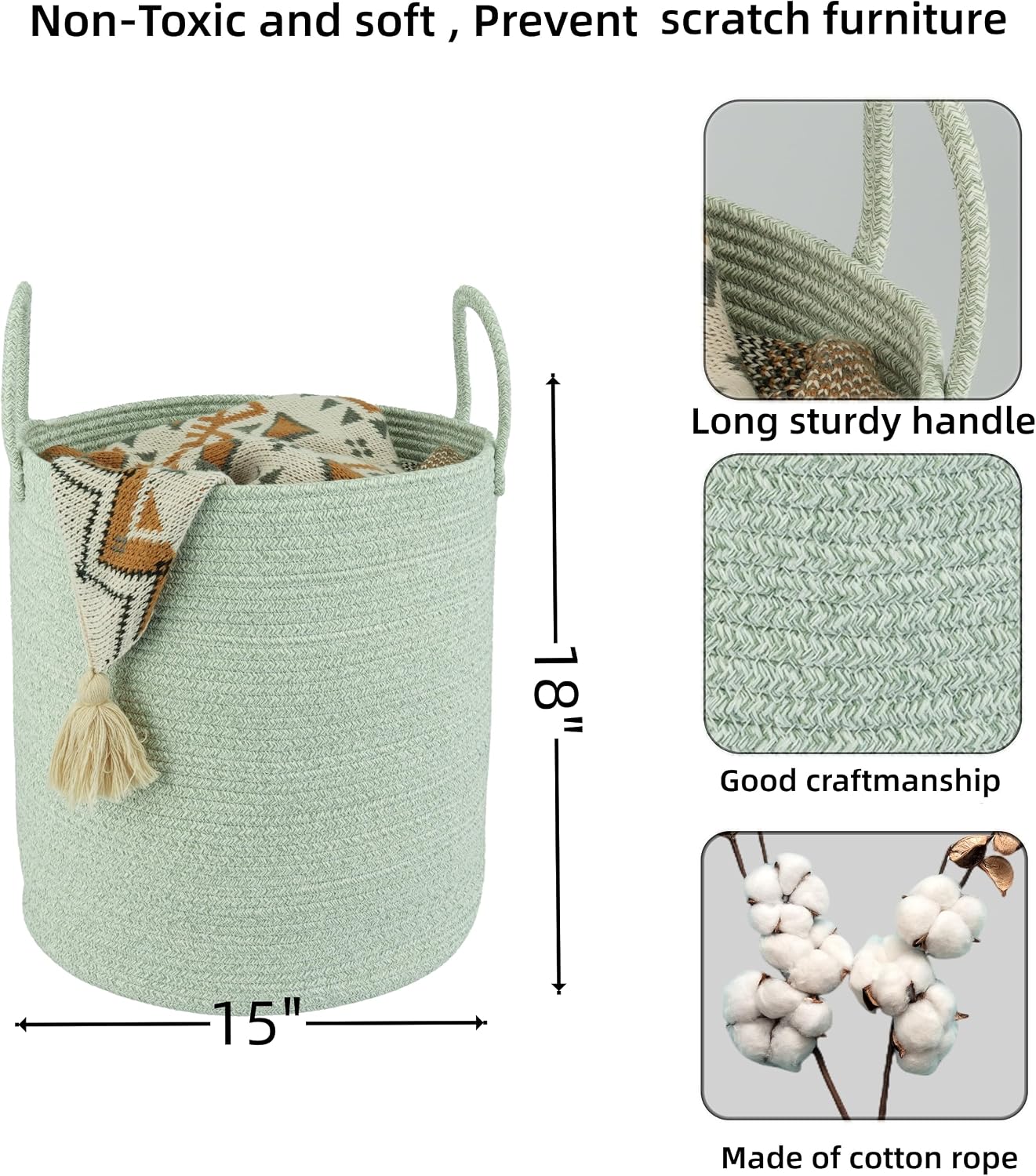 Cotton Rope Laundry Basket Hamper for Clothes Woven Storage Basket / Green / Regular
