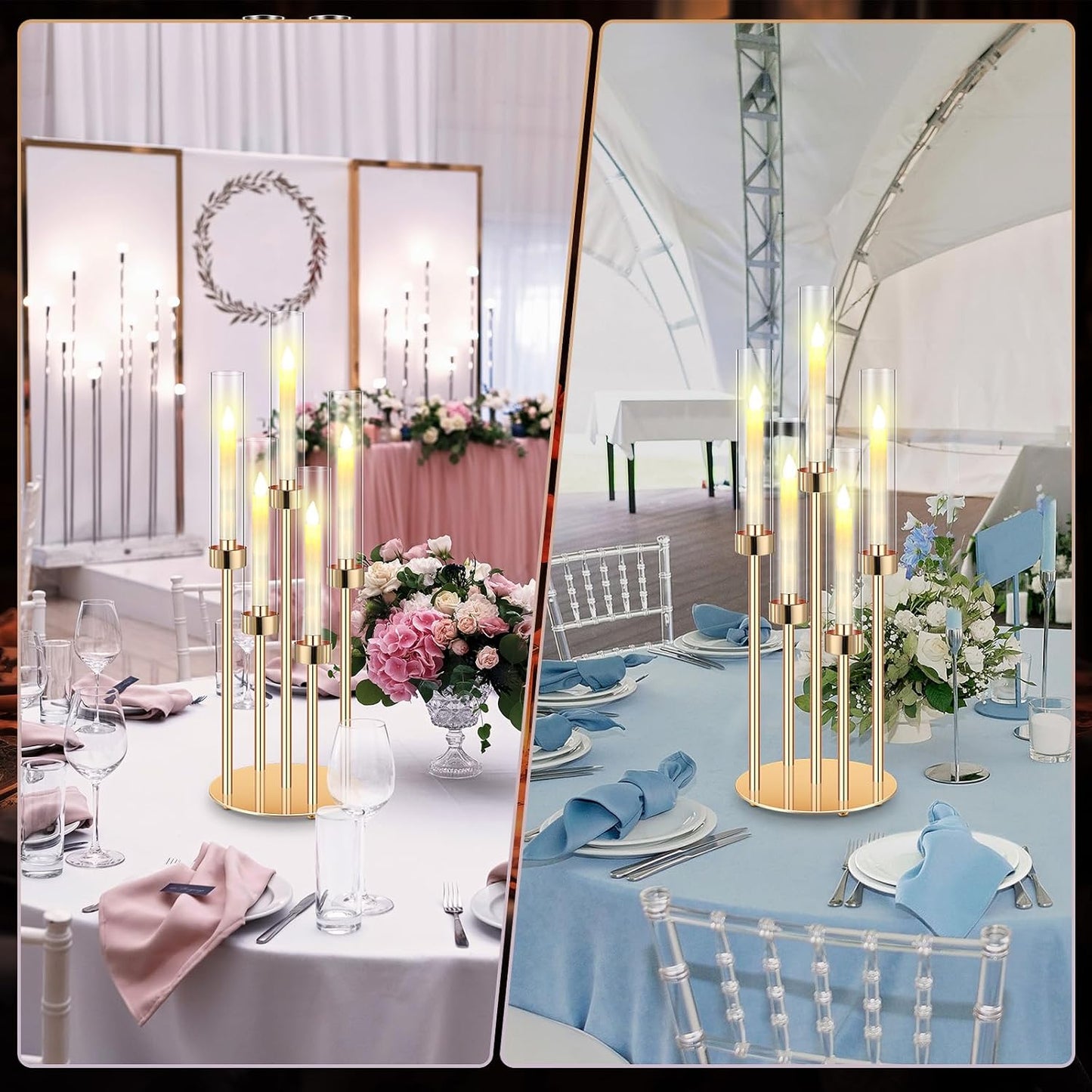 Tandefio 2 Set Gold Candelabra Centerpieces, 26.8" 5 Arm with LED Candles | Candelabra Centerpieces for Wedding Table