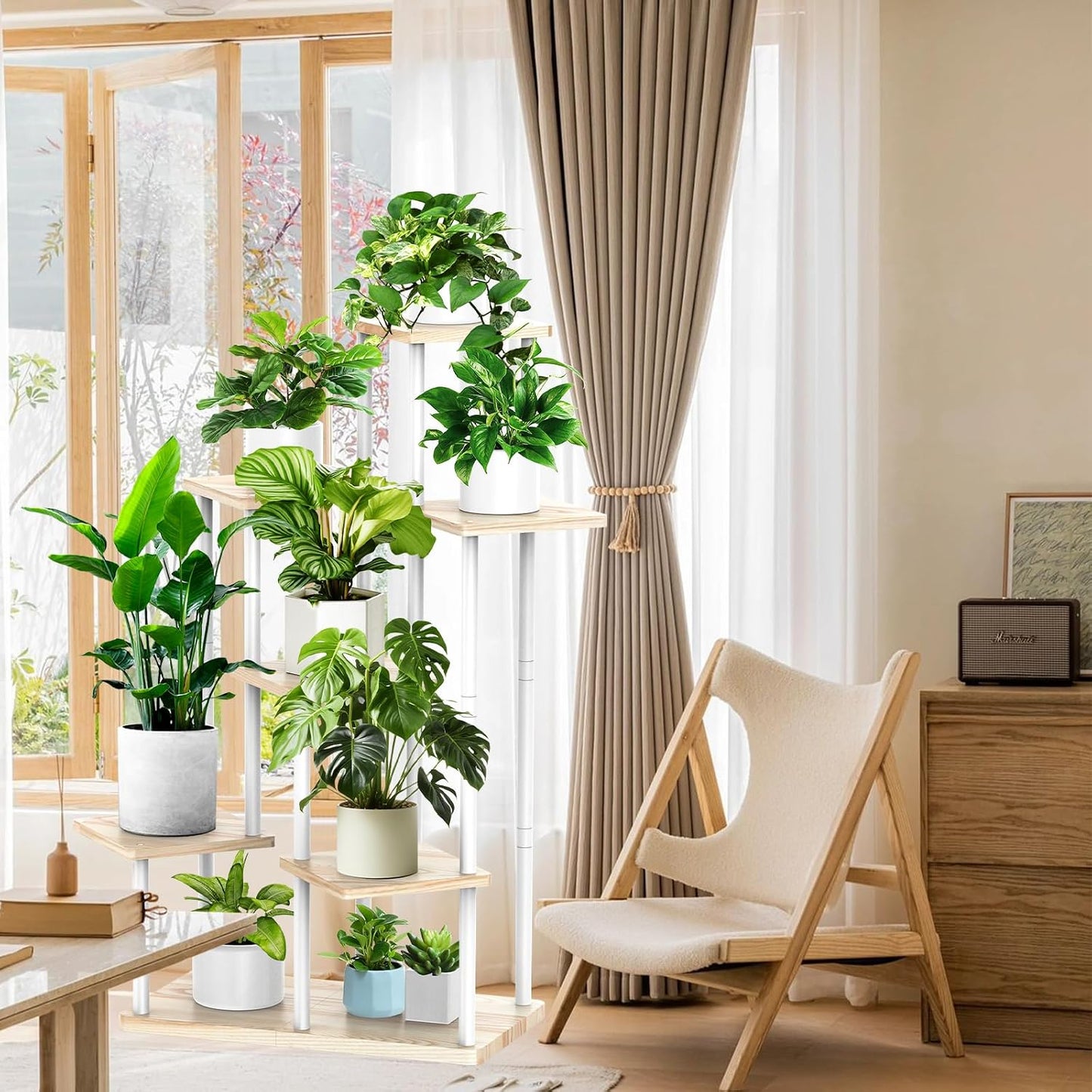 7 Tier Plant Stand Indoor, Thickened Metal Wood Corner Plant Shelf Stands for Multiple Plants, Indoor Tall Plants Stand