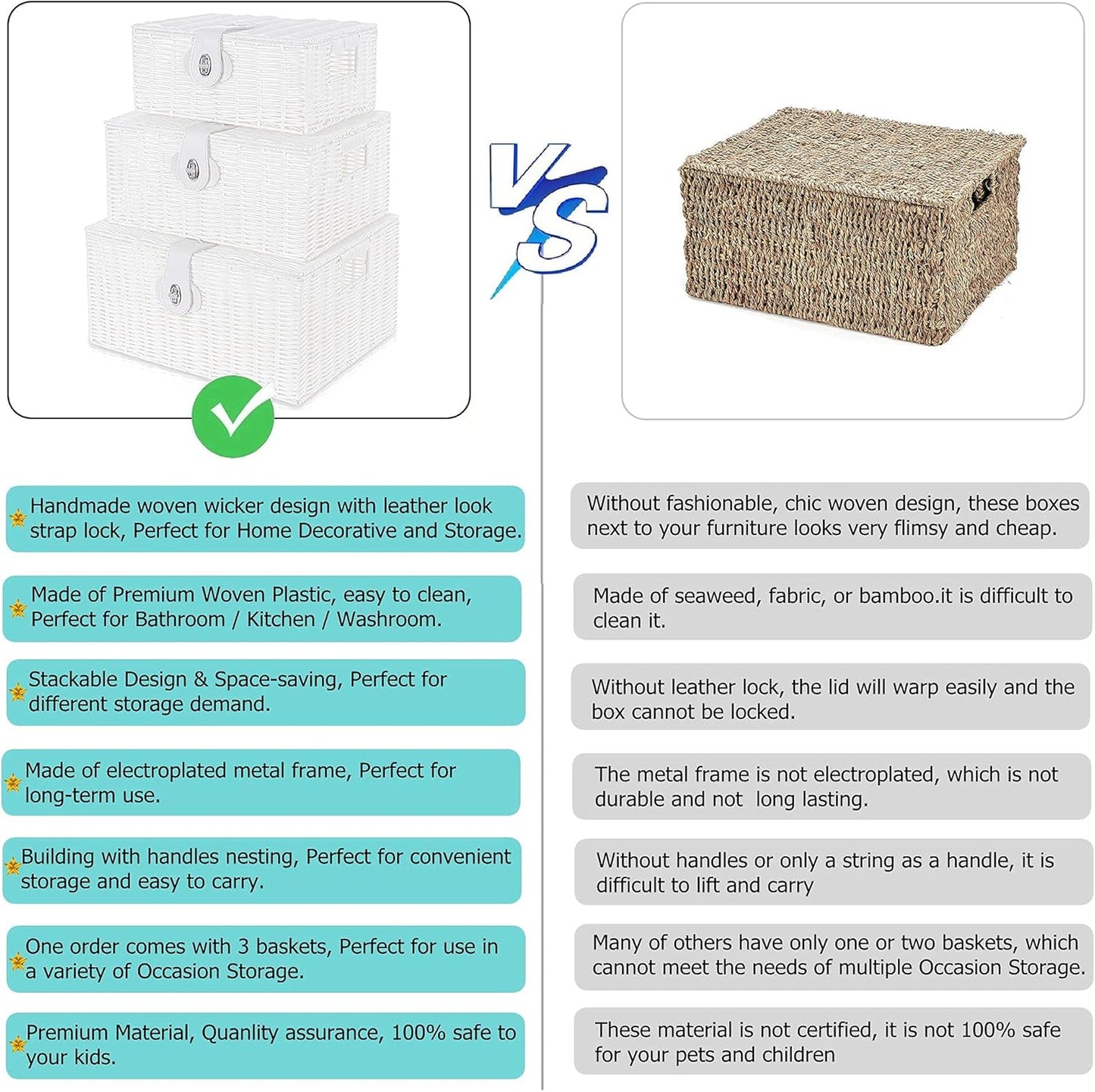 Woven Wicker Storage Basket Box / White / Set of 3