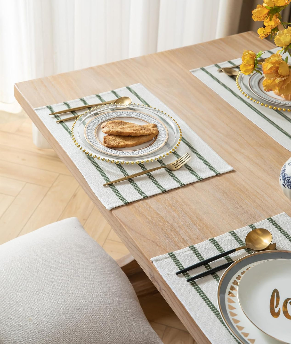 Boho Farmhouse Placemats Set of 6, Green Beige Stripes Cotton Linen Woven Table Mats for Modern Dining Table, 13x19